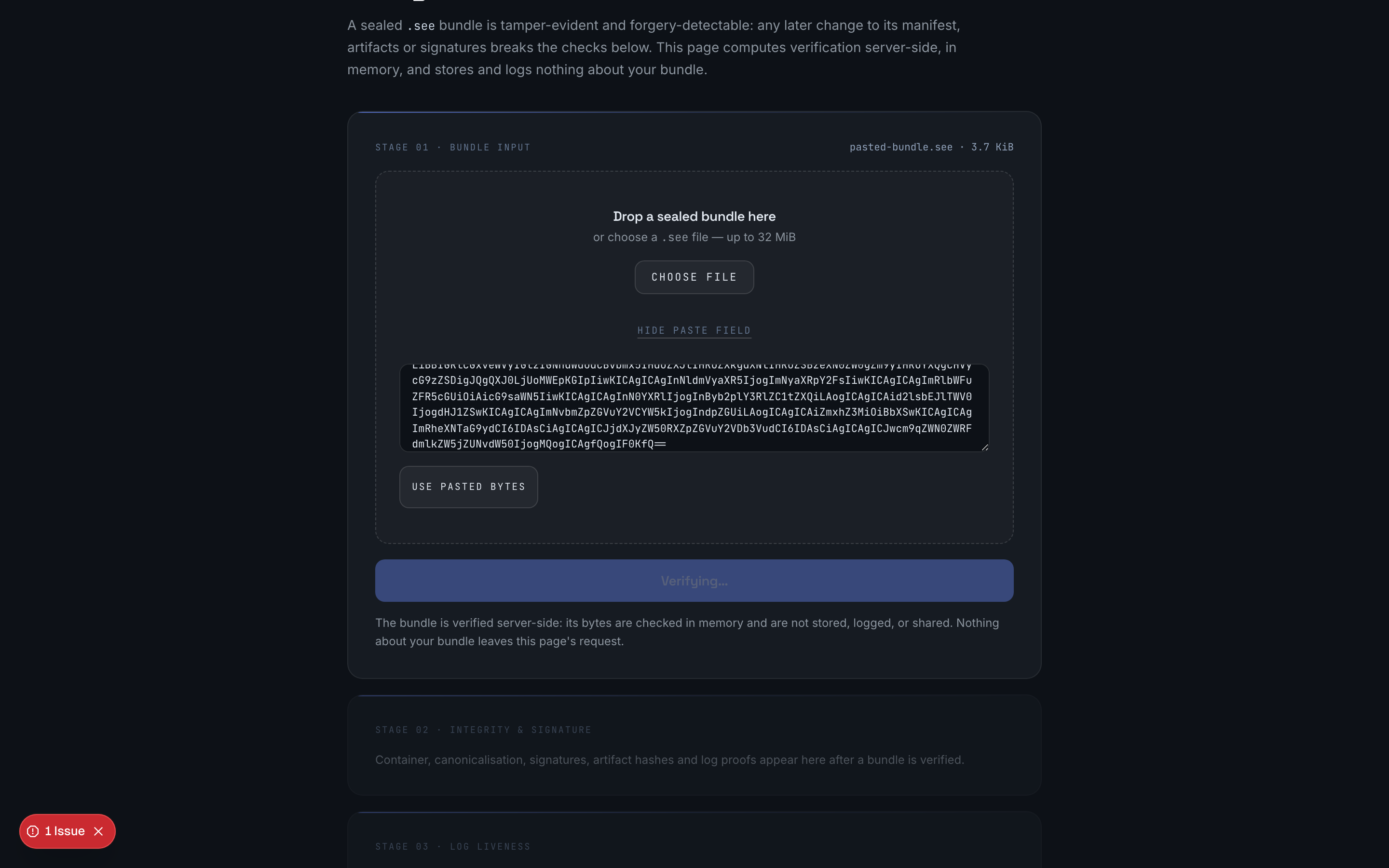 The public verifier on /verify checking a sealed bundle: container, canonicalisation, signatures and artifact hashes intact, and the log anchor still contained in the live head.
